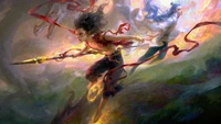 Dynamic showdown between Nezha and a mystical figure, set against a vibrant, swirling backdrop.