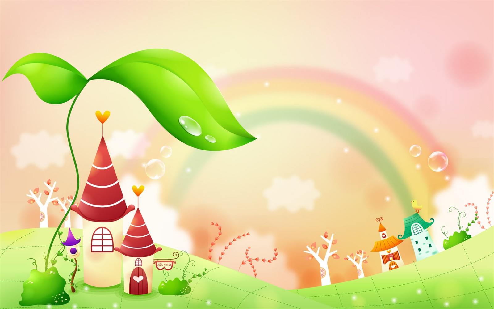 A cartoon house with a green leaf on top of it (green, illustration, art, grass, grasses)