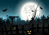 Spooky Halloween Night: Moonlit Landscape with Bats and Jack-o'-lanterns