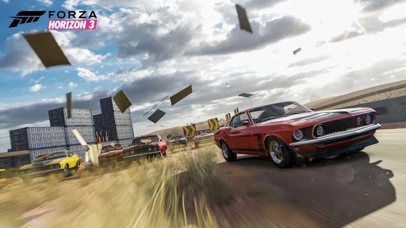 Скриншот forza horizon 3 с красным автомобилем, едущим по пустыне (маслкар, машина, интел кор i7, автомобильный экстерьер, спортивный автомобиль)