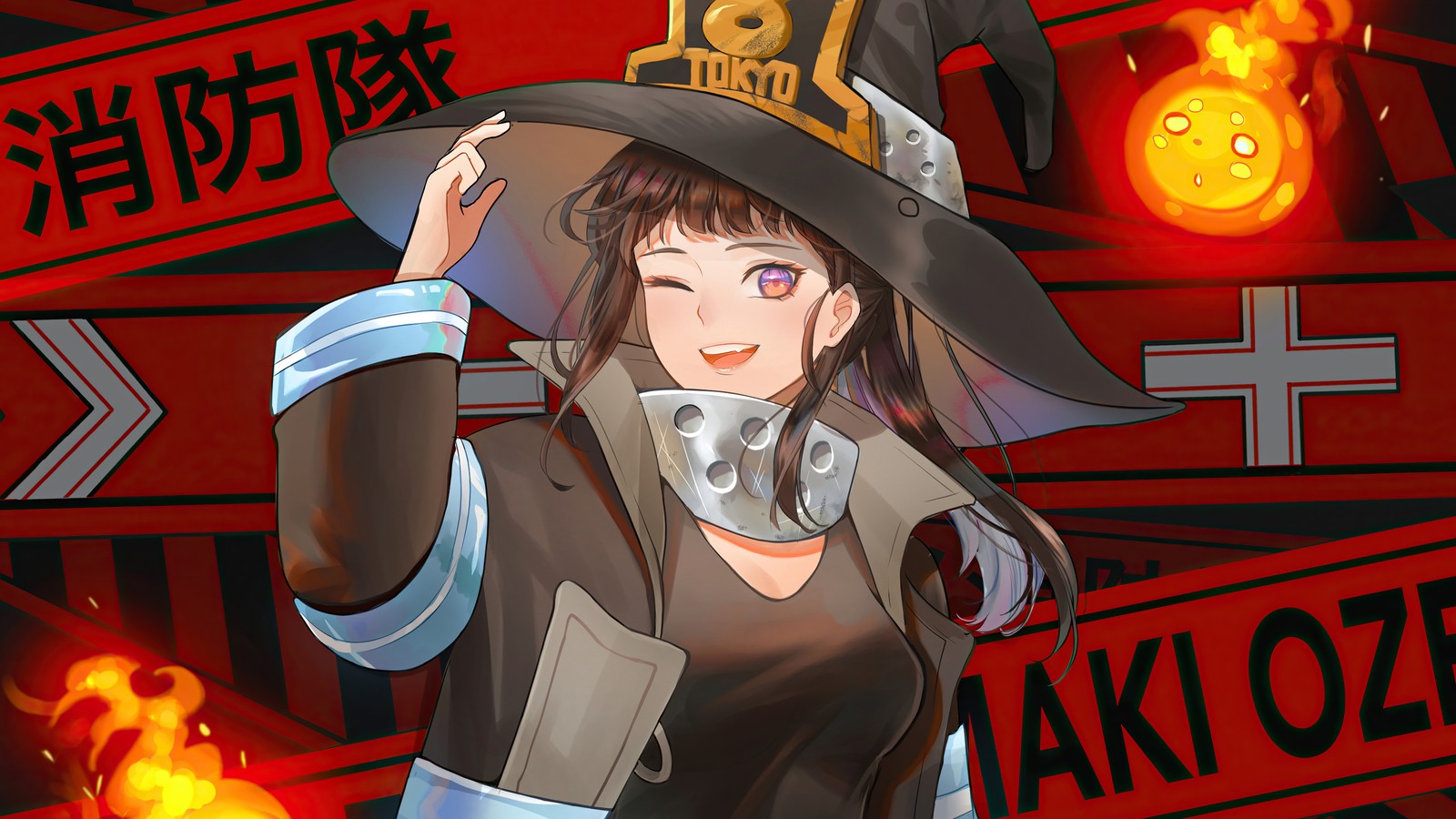 Chica de anime con un sombrero de bruja con fuego de fondo (fire force, anime, enen no shouboutai, 炎炎ノ消防隊, maki oze)