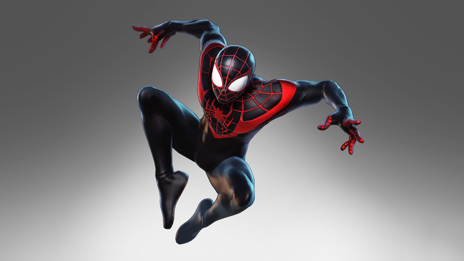 Homem-aranha em um traje preto pulando no ar (miles morales, spider man, marvel ultimate alliance 3, marvel ultimate alliance 3 the black order, jogo de vídeo)