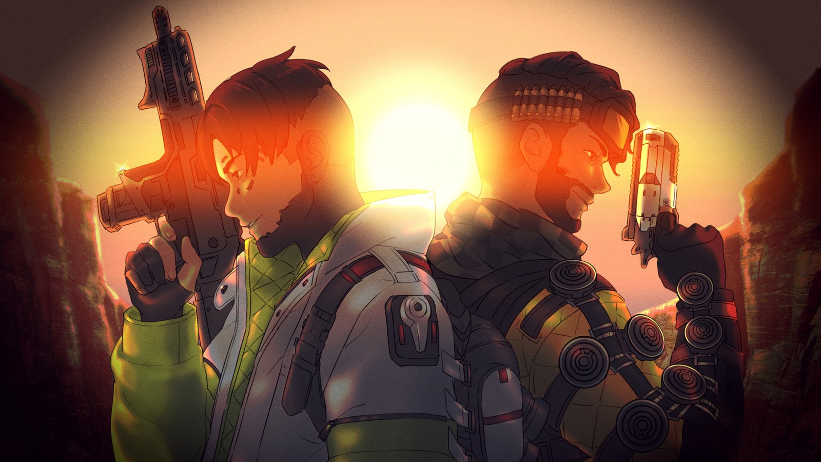 Two people with guns standing in front of a sunset (apex, legedns, crypto, mirage, art)