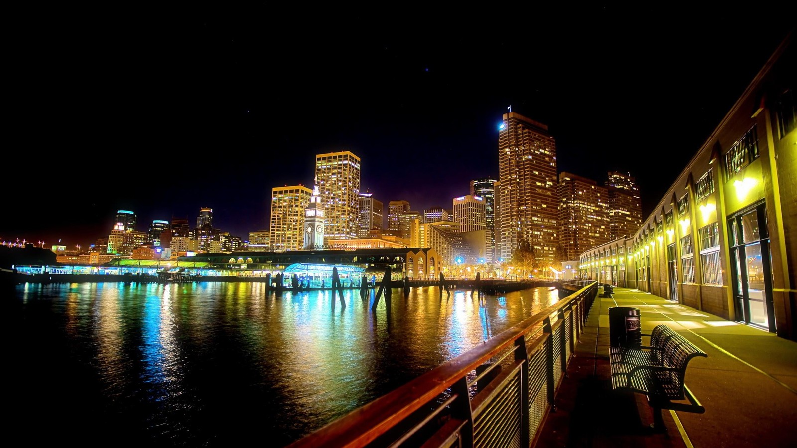 Vista noturna do horizonte da cidade com um rio e uma ponte (cidade, noite, paisagem urbana, metrópole, reflexo)