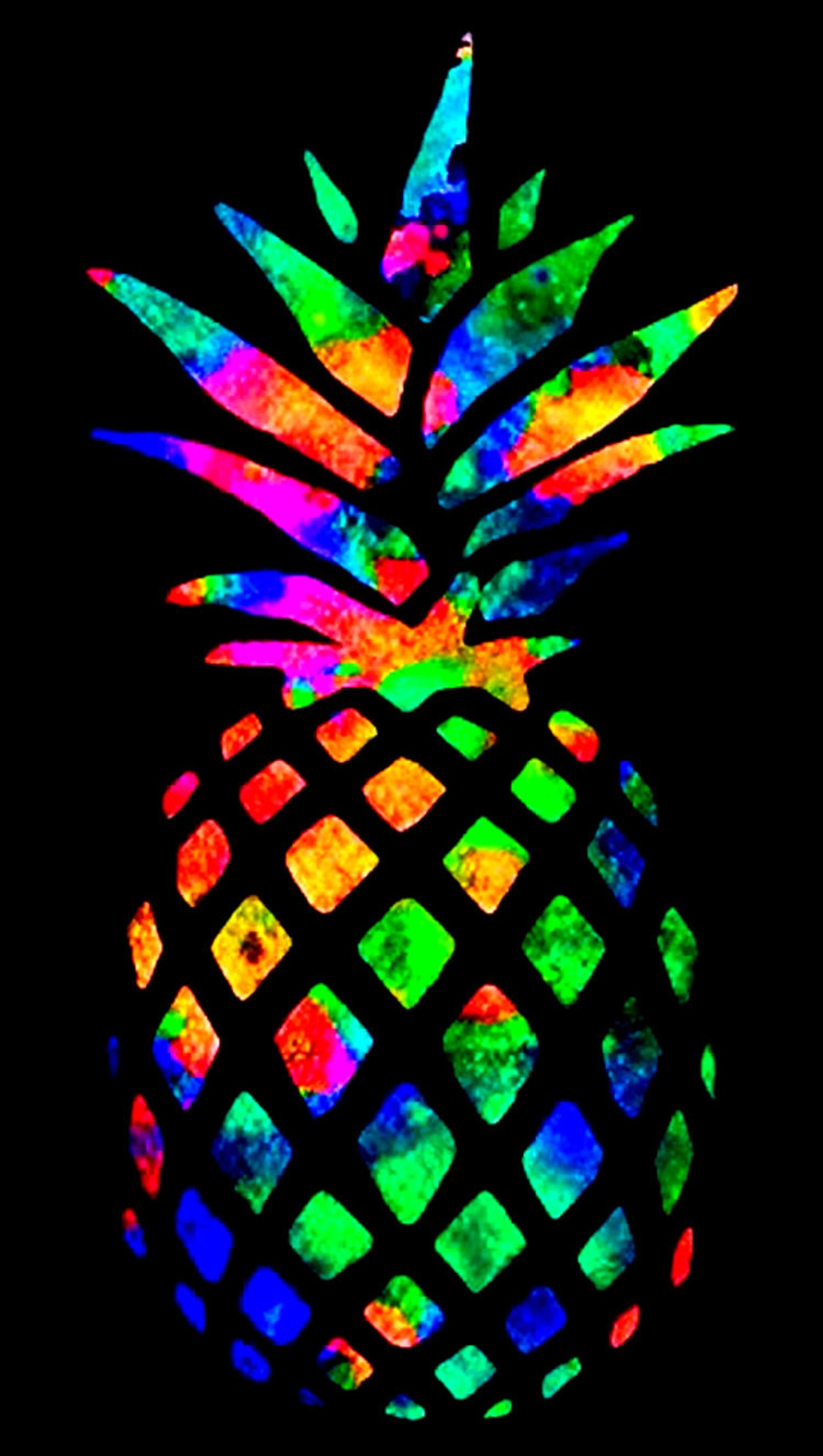 A close up of a pineapple with a black background (blue, colorful, colors, dye, green)