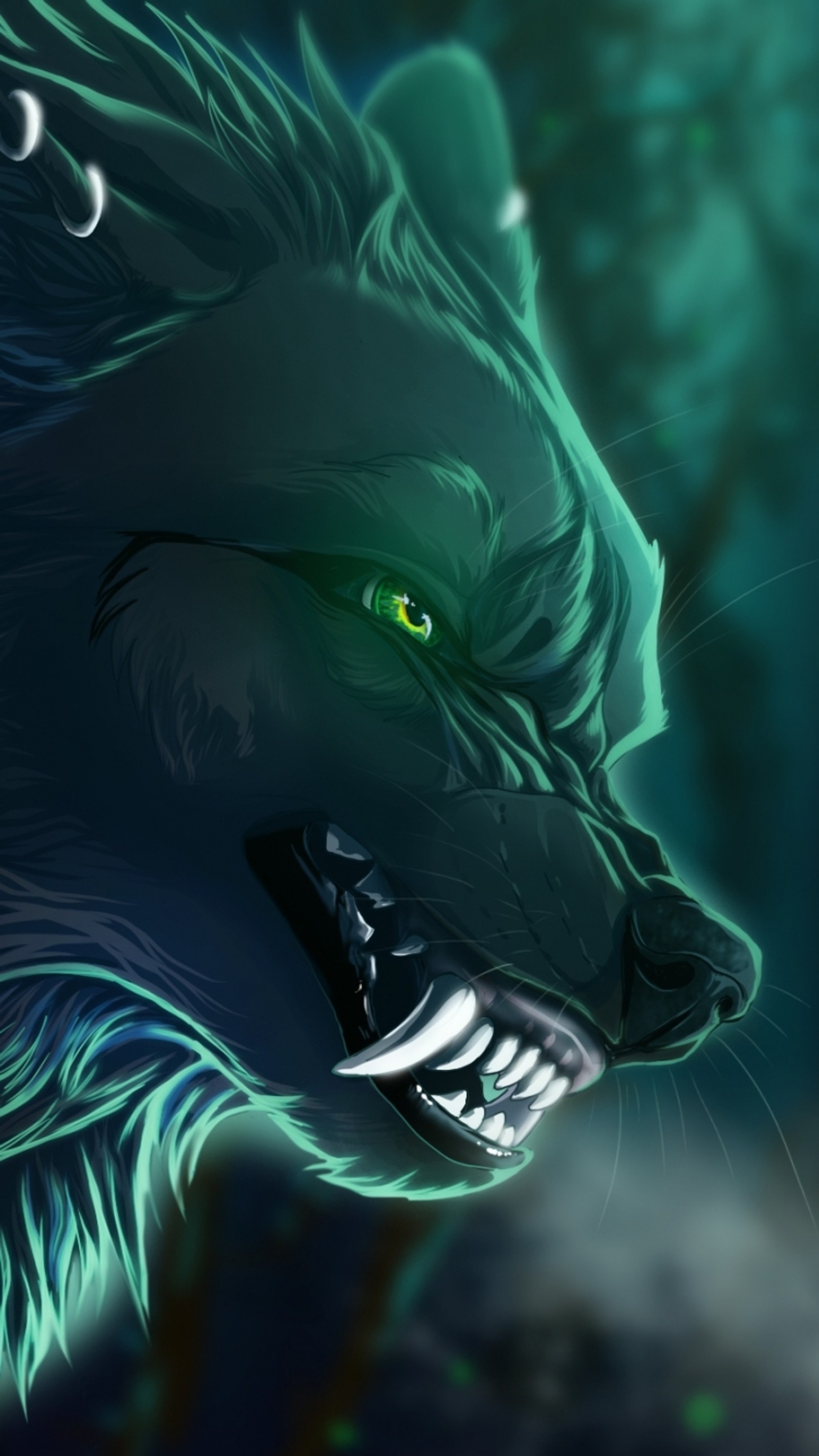 Un lobo con ojos verdes y una luna llena de fondo (perro, lobo)