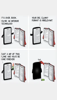 A humorous comic depicting the rivalry between a smartphone and a book, highlighting the smartphone's dismissive attitude towards the traditional reading format.