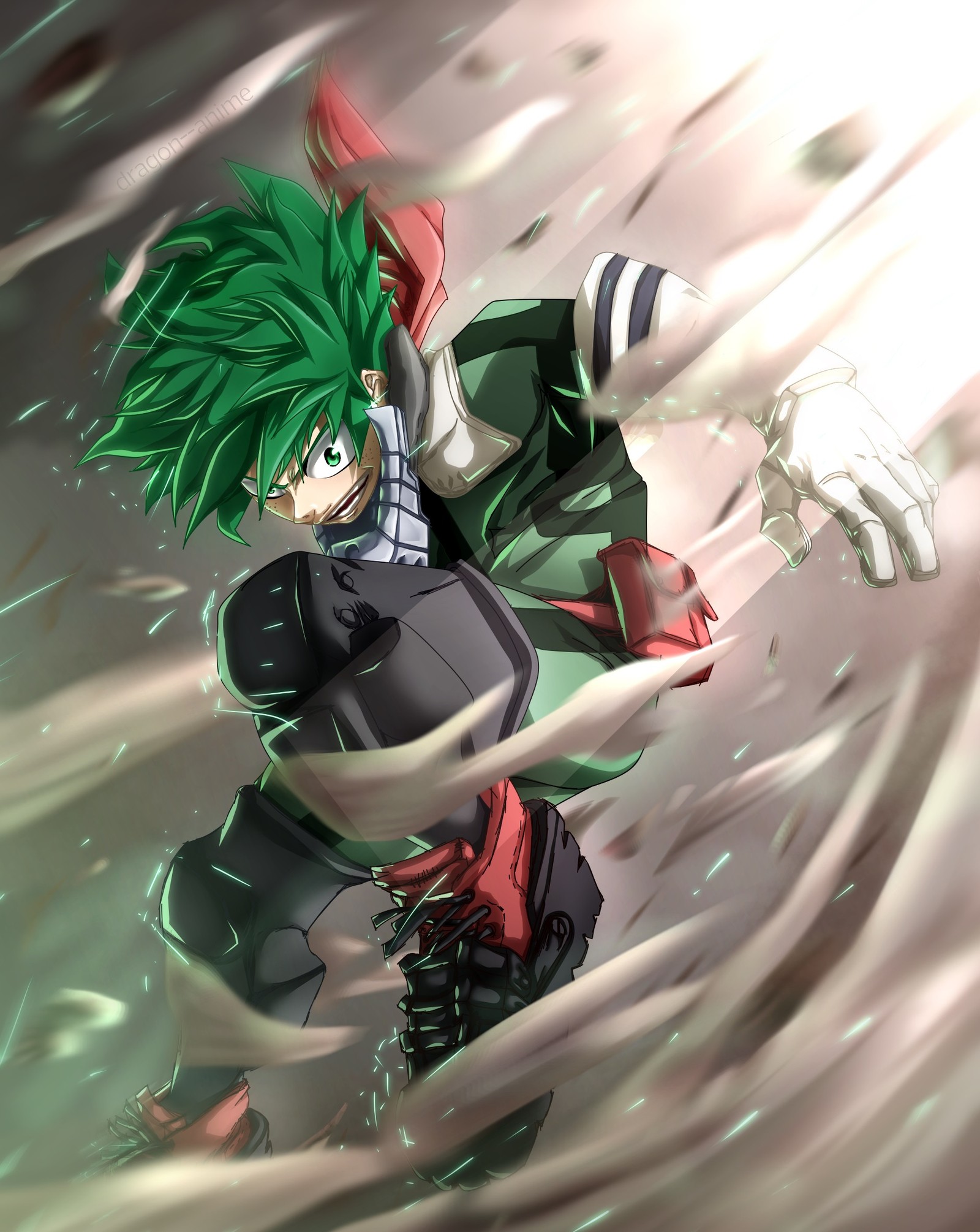 Personagem de anime com cabelo verde e sapatos vermelhos em uma área giratória (academia, anime, boku, deku, hd)