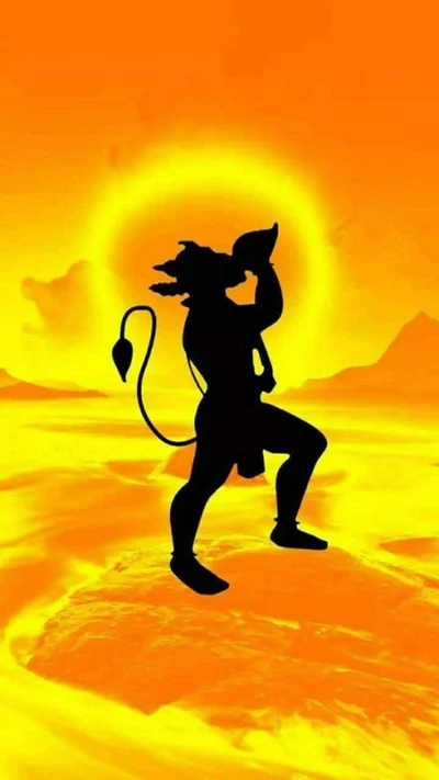 Silhouette of Lord Rama blowing a conch against a vibrant orange backdrop.