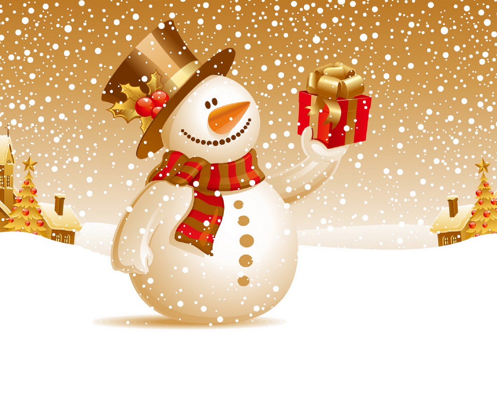 Snowman with gift box in hand in snowy landscape with christmas trees (christmas, nexus 7, snow, snowman, winter)