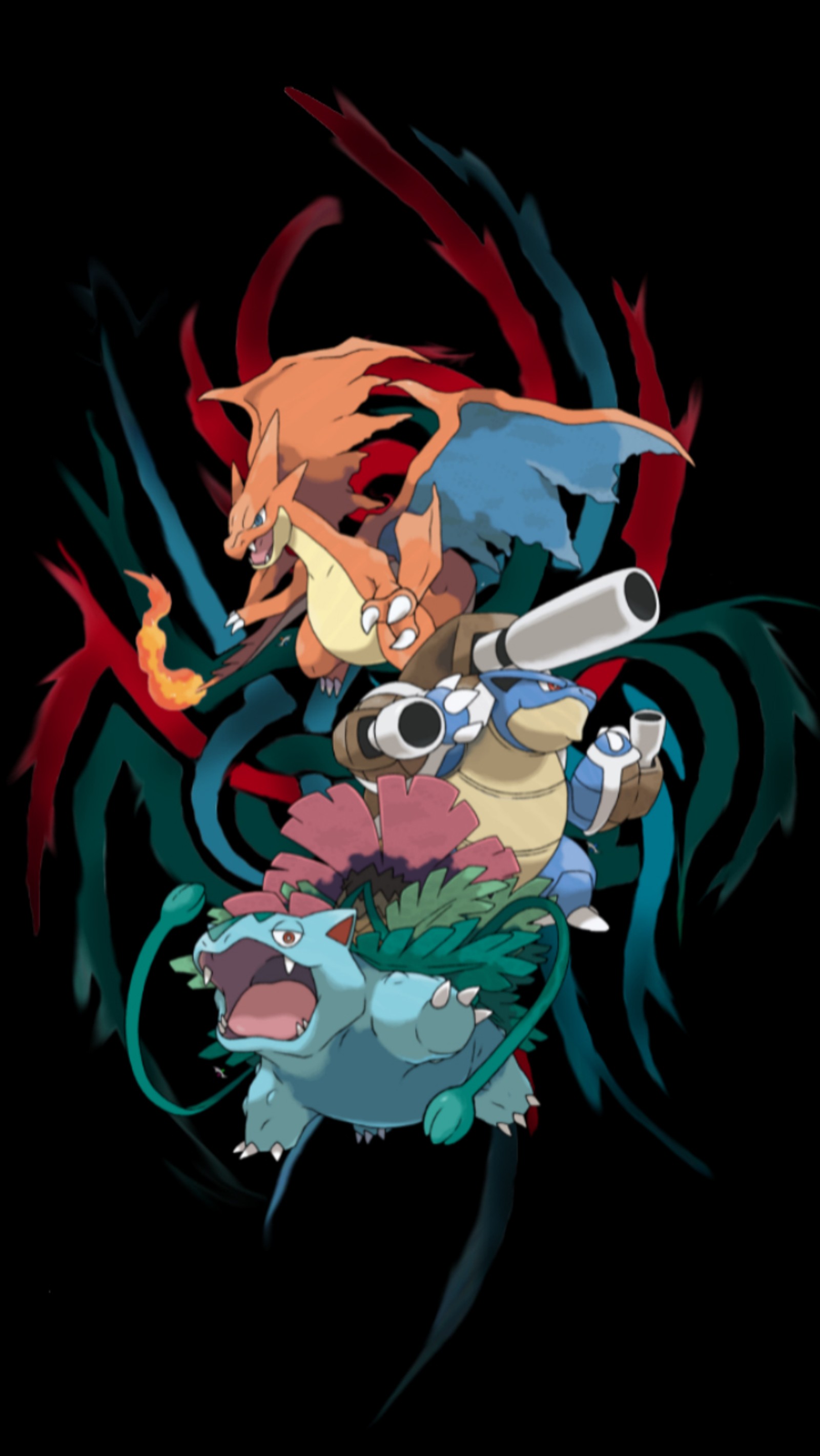 Personagens de pokémon com armas e um pássaro nas costas (blastoise, charizard, pokémon, pokemon, venusaur)