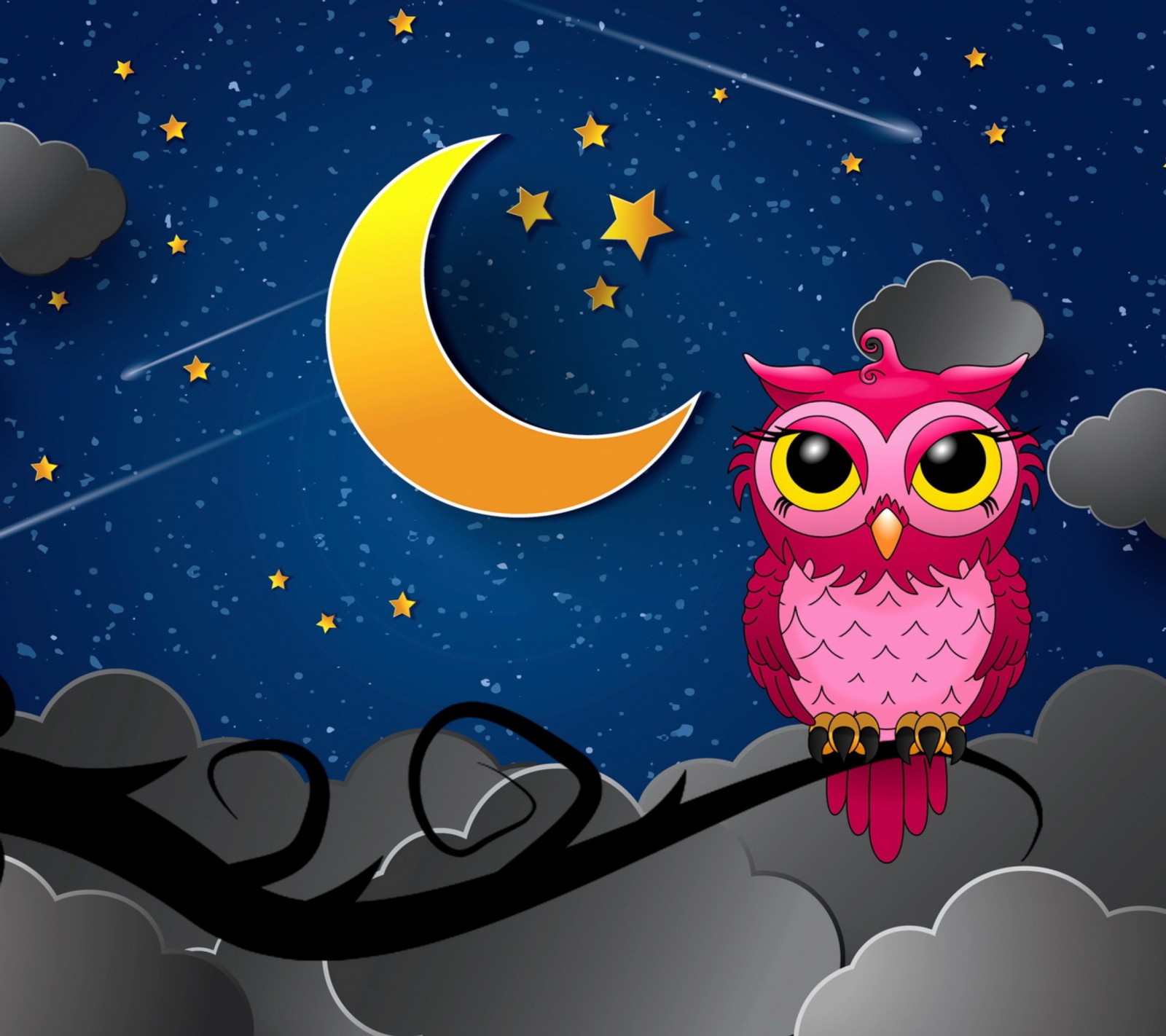 Illustration of a pink owl sitting on a branch with a crescent and stars in the background (abej, beograd, love, night, owl)