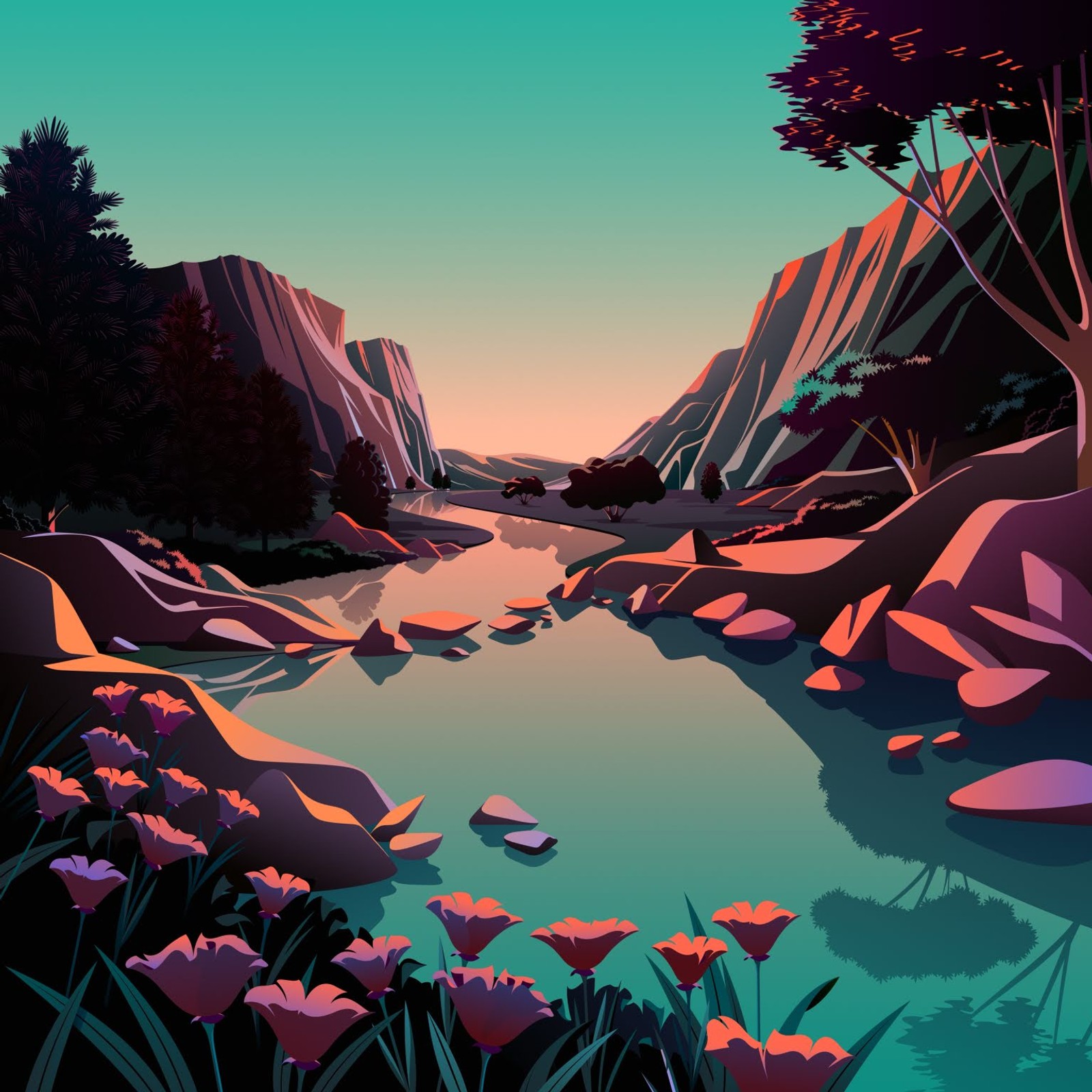 Ilustración de un río con rocas y flores en primer plano (iphone, fondos de pantalla)