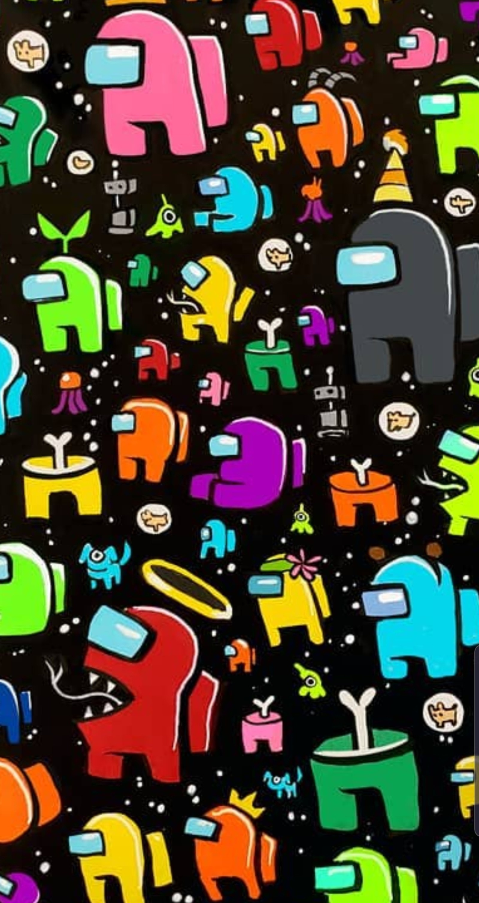 A close up of a black background with a lot of colorful cartoon characters (among us, among us black, among us colors, among us crewmate, among us impostor)