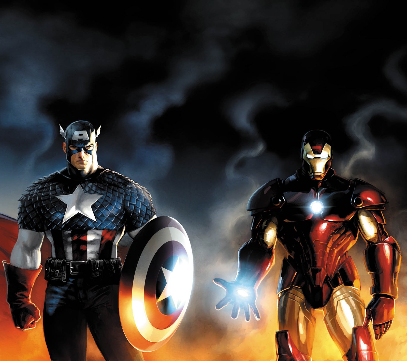 Avengers and iron man standing in front of a dark sky (america, avenger, ironman, marvel, power)