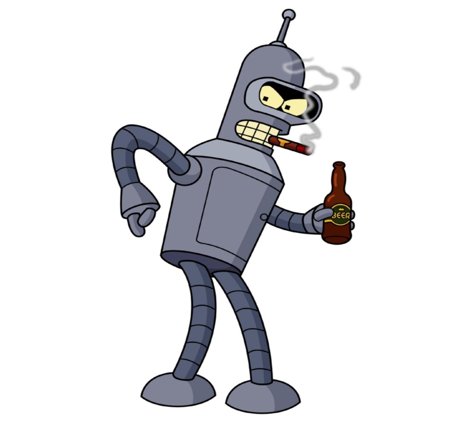 Un robot de dibujos animados con un cigarrillo en la boca y una botella de cerveza (dibujos animados, futurama bender)