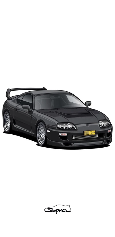 Toyota Supra preto estilizado com um grande spoiler traseiro e rodas de liga detalhadas.