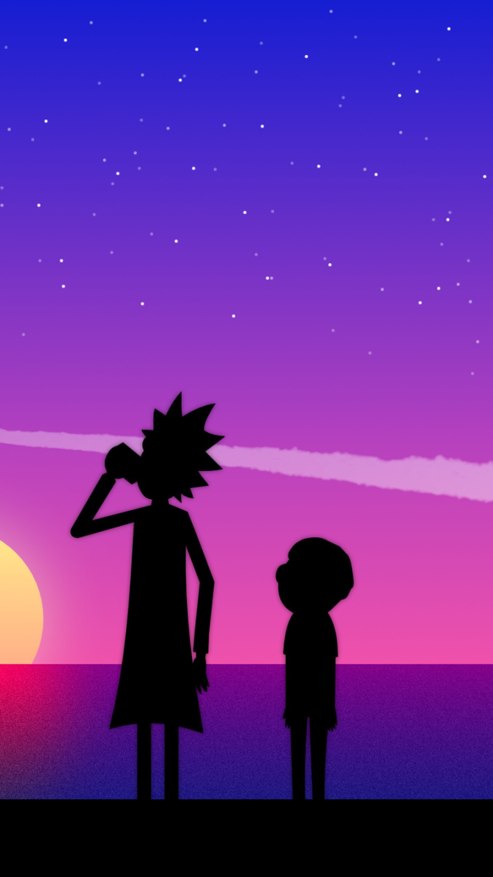 Caricatura de un hombre y una mujer de pie frente a un atardecer (genial, rick y morty, rick and morty)