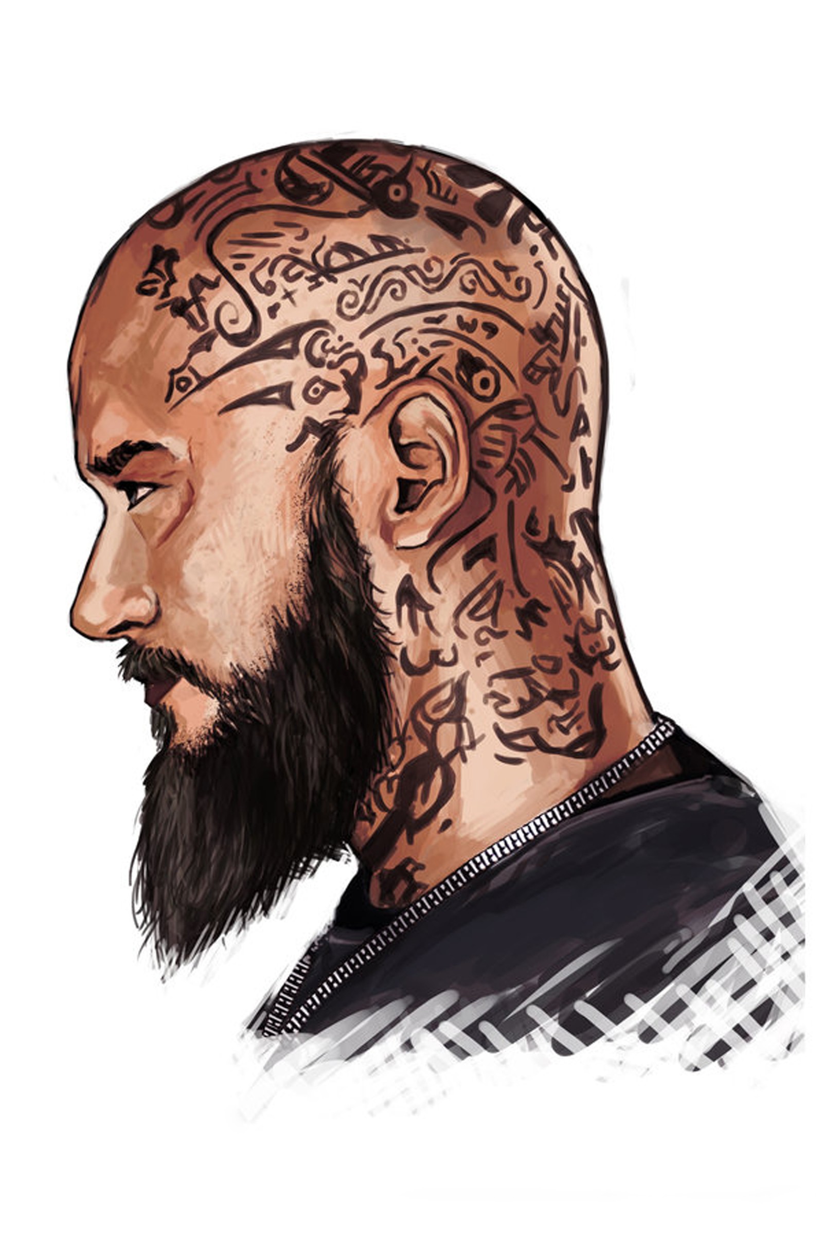 Eine zeichnung eines mannes mit einem tattoo auf seinem kopf (ragnar, wikinger)