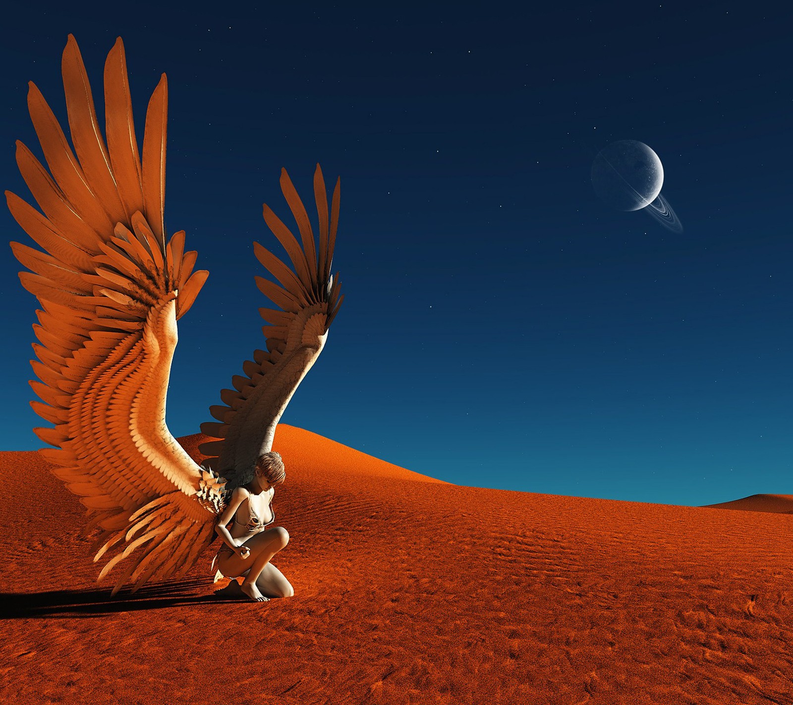 There is a large bird that is flying in the sky (angel, art, desert, female, gothic)