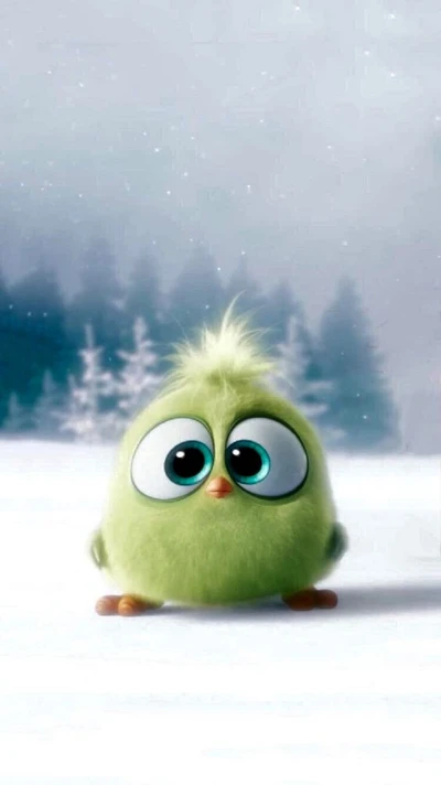 Cute green bird with big eyes, set against a snowy background.