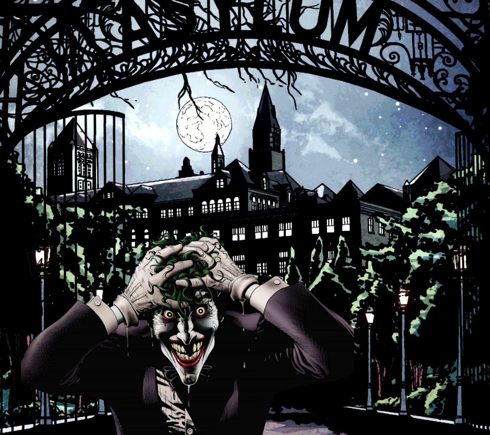 Une affiche de batman : le killing joke avec un homme déguisé en joker (arkham, asile, joker)