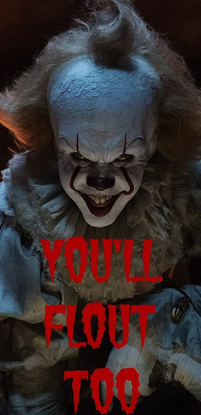 Payaso espeluznante Pennywise: "Tú también flotarás" Fondo de Halloween