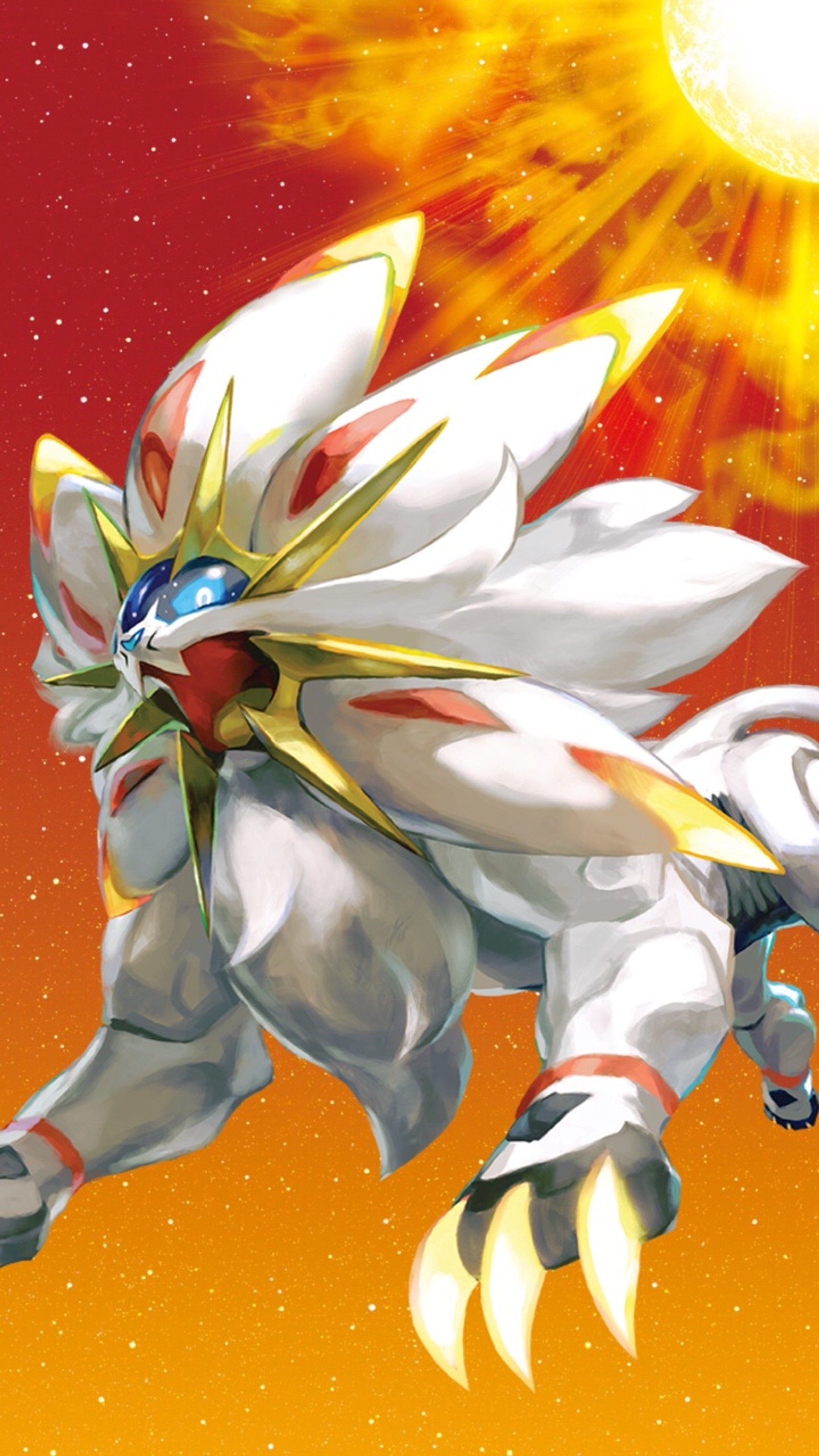 Pokemon de type blanc et rouge avec un soleil en arrière-plan (anime, pokémon, pokemon, pokemonsun, solgaleo)