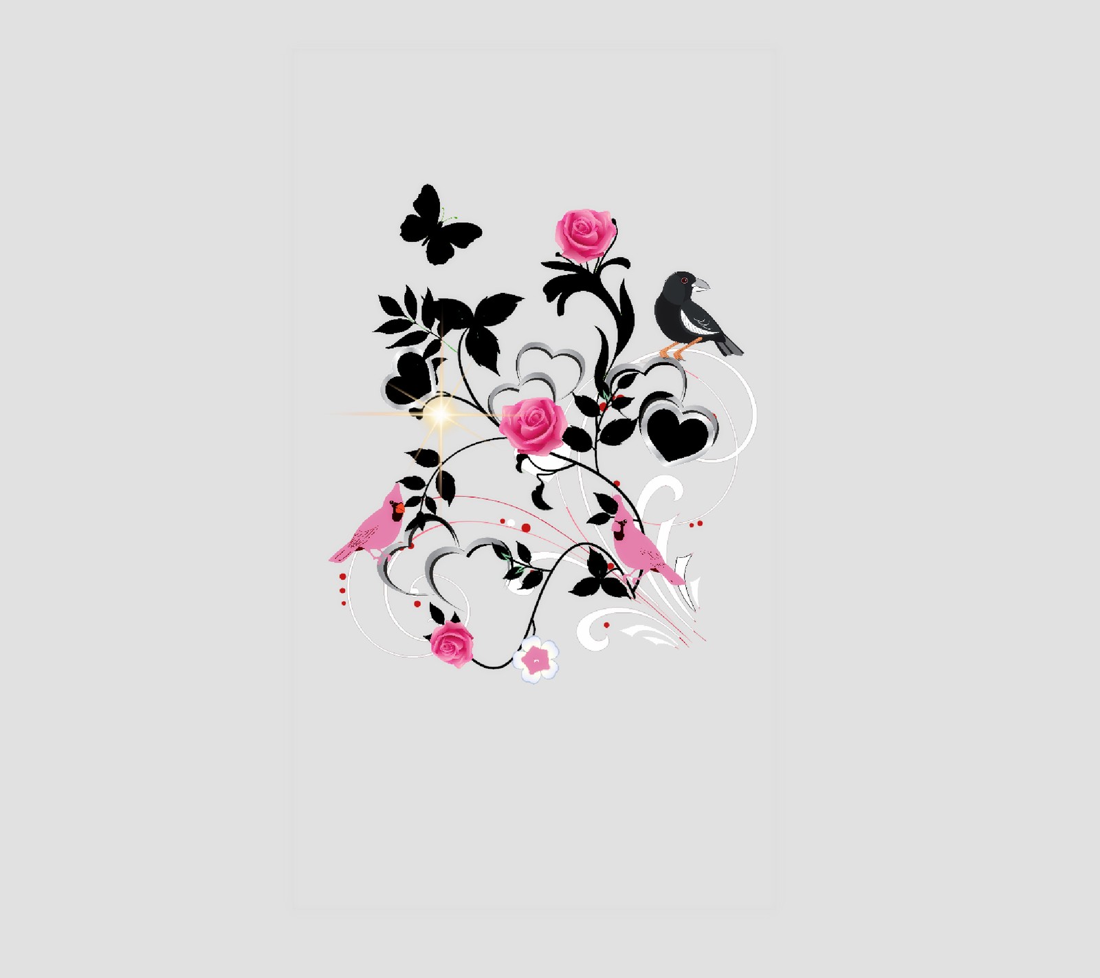 There is a bird and a flower on a gray background (birds, design, roses)