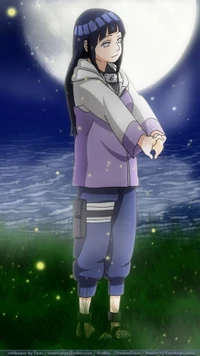 Hinata in a serene night landscape, illuminated by a full moon, embodying tranquility and strength.