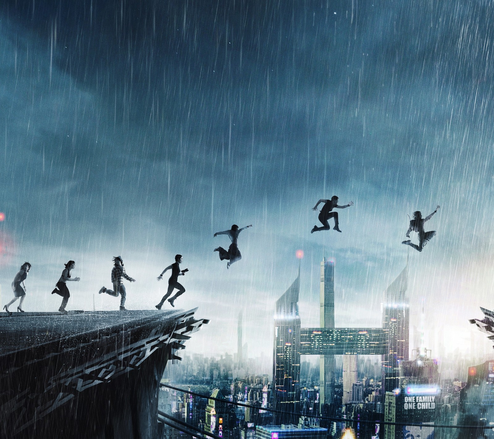 Arafed image of a group of people jumping off a ledge in the rain (jump, seven)