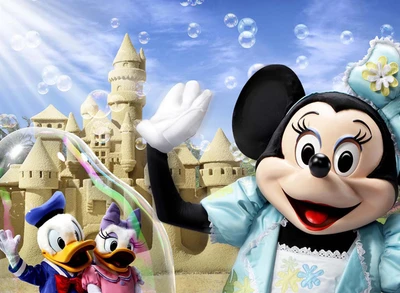 Minnie Mouse celebra en el castillo de arena con Donald y Daisy entre burbujas