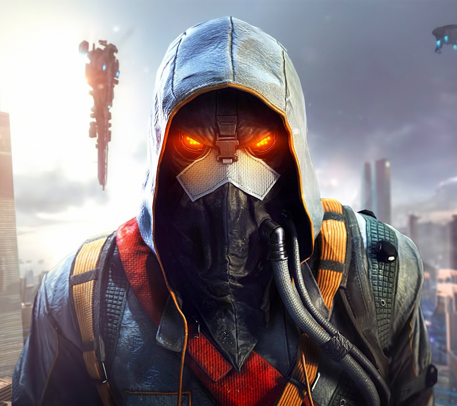 A close up of a person wearing a hoodie and a hoodie (future, game, killzone, shadow fall, soldier)