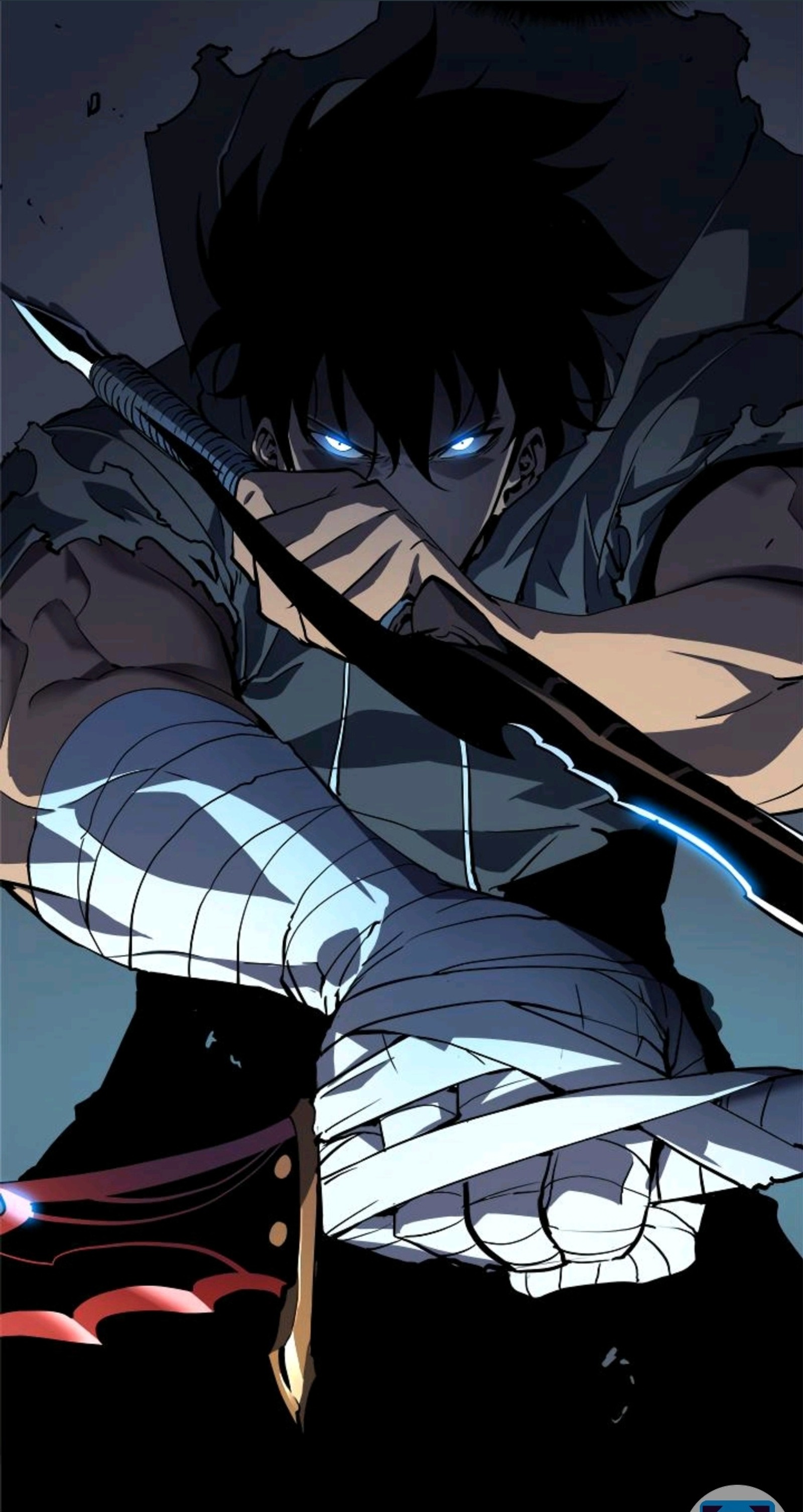 Anime character with sword in hand and blue eyes (manga, solo leveling)