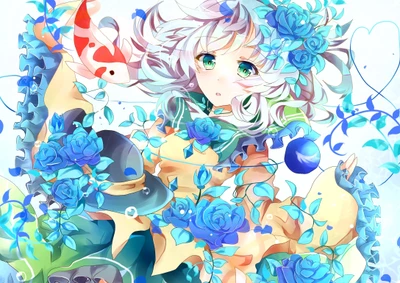 Verzauberndes Anime-Mädchen umgeben von blauen Rosen und Koi-Fischen