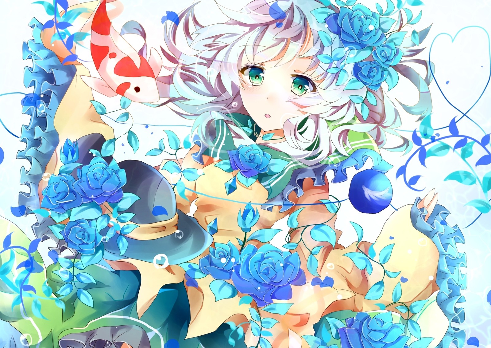 Fille d'anime avec des fleurs bleues et un poisson dans la main (anime, touhou project, cartoon, illustration, plante)