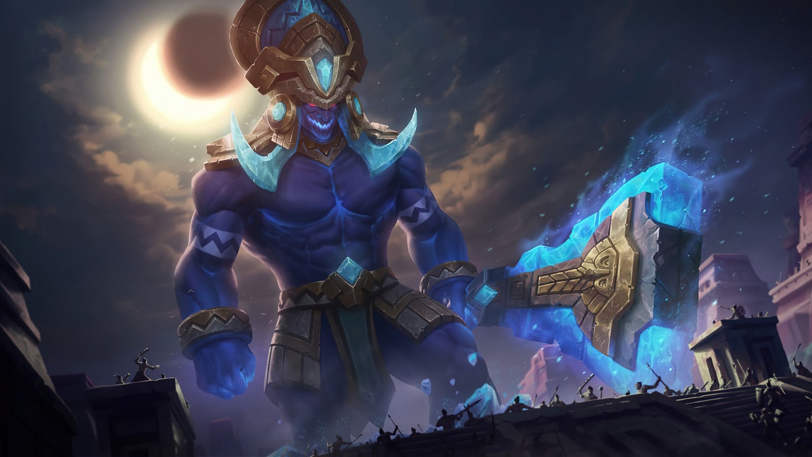 A close up of a man with a sword in front of a full moon (worldbreaker, trundle, lor, legends of runeterra, video game)