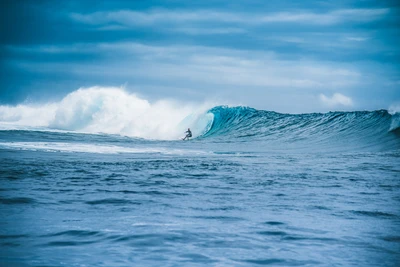 Surfer Riding a Majestic Wave in Tahiti's Ocean