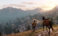 A lone rider and horse traverse a breathtaking mountainous landscape at sunset, embodying the spirit of exploration in an open-world wilderness.