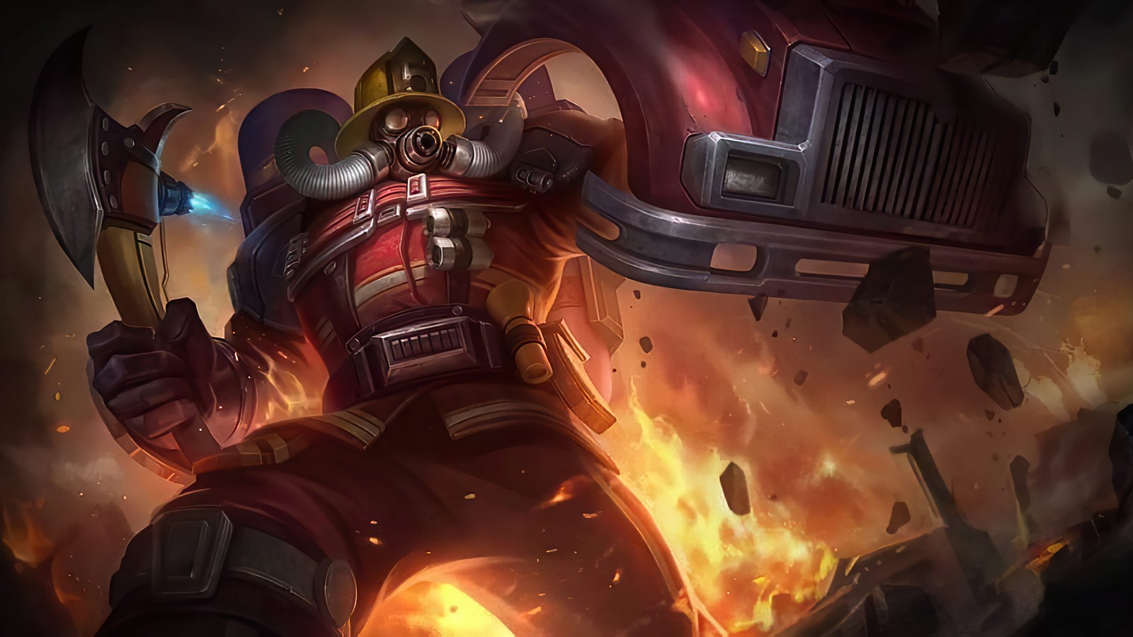 Eine nahaufnahme einer person, die feuer und ein feuerwehrauto hält (johnson, fire chief, haut, mobile legends, bang bang)