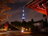 Tokyo Tower Illuminated at Night with Traditional Architecture in Foreground