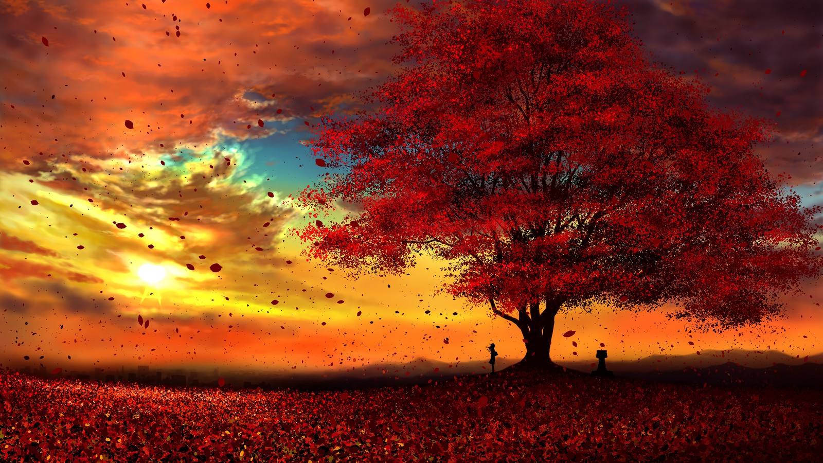 Un arbre avec des feuilles rouges au premier plan et une personne assise dessous (anime, automne, paysage, coucher de soleil)