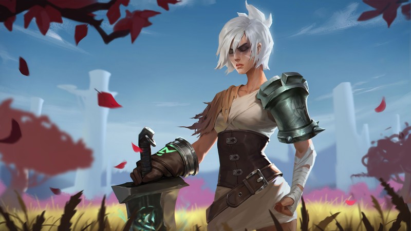 Женщина в белом платье держит меч на поле (riven, league of legends, lol, видеоигра)