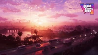 Crépuscule époustouflant sur Vice City : Un paysage vibrant de ciel, d'arbres et de vie urbaine