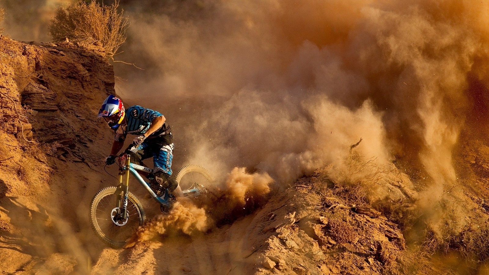 Image artistique d'un vététiste roulant sur un sentier dans le désert (vtt de descente, vélo de montagne, vélo, freeride, vtt)