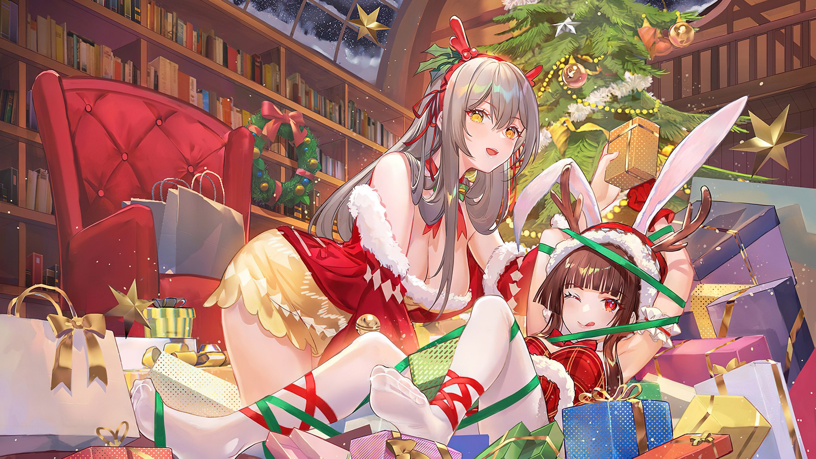 Filles anime en costumes de noël assises sur une pile de cadeaux (noël, vacances, sapin de noël, cadeaux, anime)