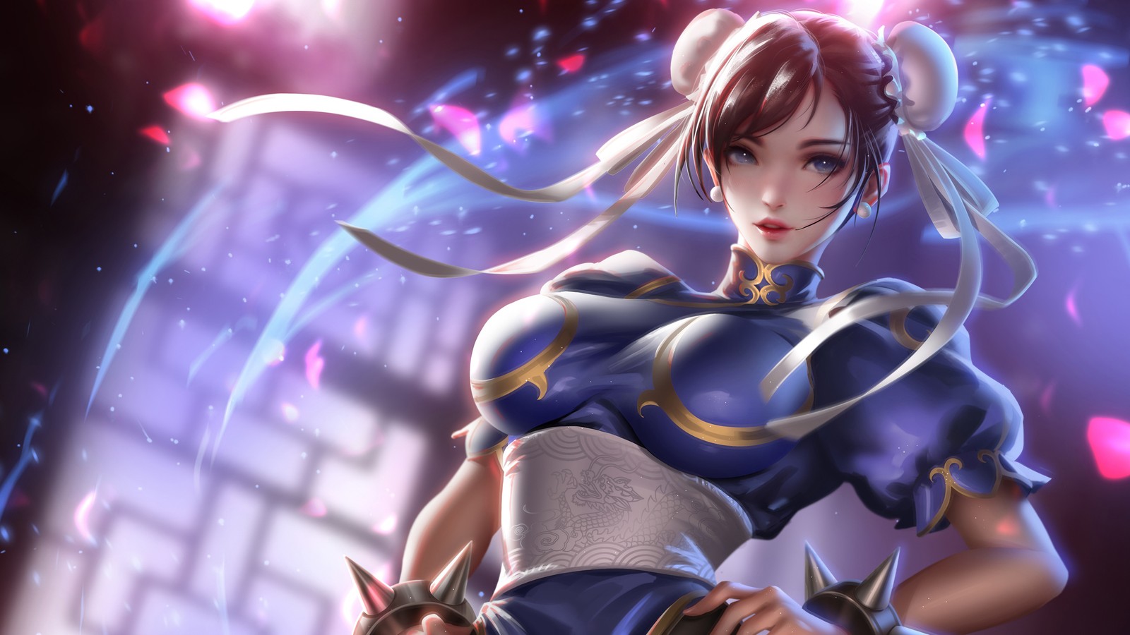 Femme en tenue bleue tenant une épée (anime, filles, chun li, street fighter)