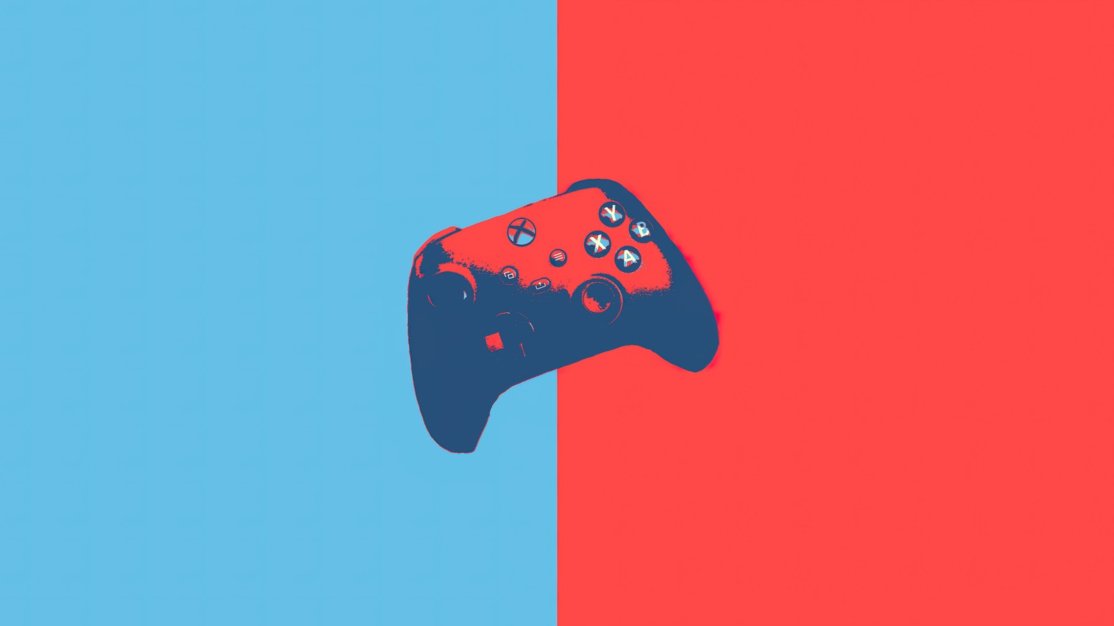 Um close de um controle de videogame em um fundo vermelho e azul (xbox, controlador, minimalista, arte digital)