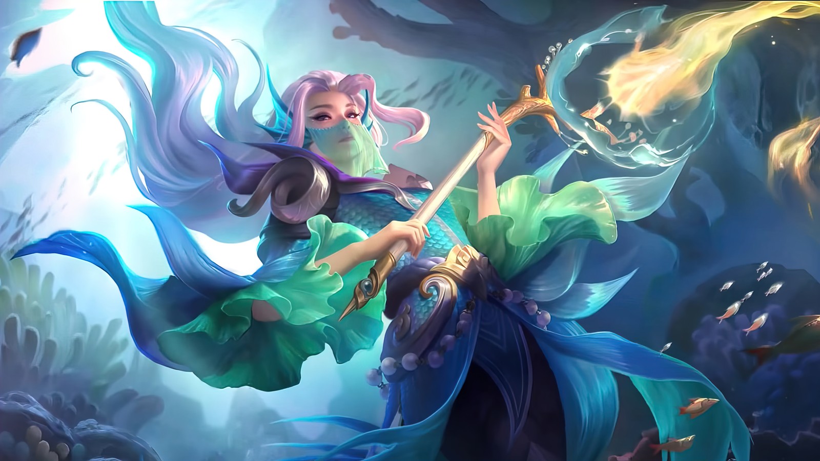 Une femme en robe bleue vole dans les airs (luo yi, prêtresse sirène, mobile legends, bang bang, ml)