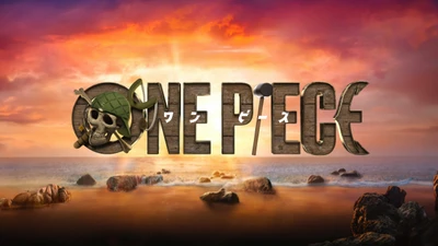 Logotipo de One Piece com fundo de pôr do sol